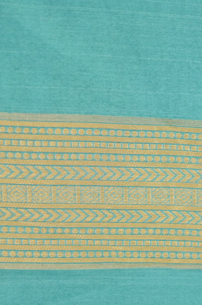 Bottle Green Banarasi Silk Saree with Gold Zari Temple Weave & Sky Blue Border
