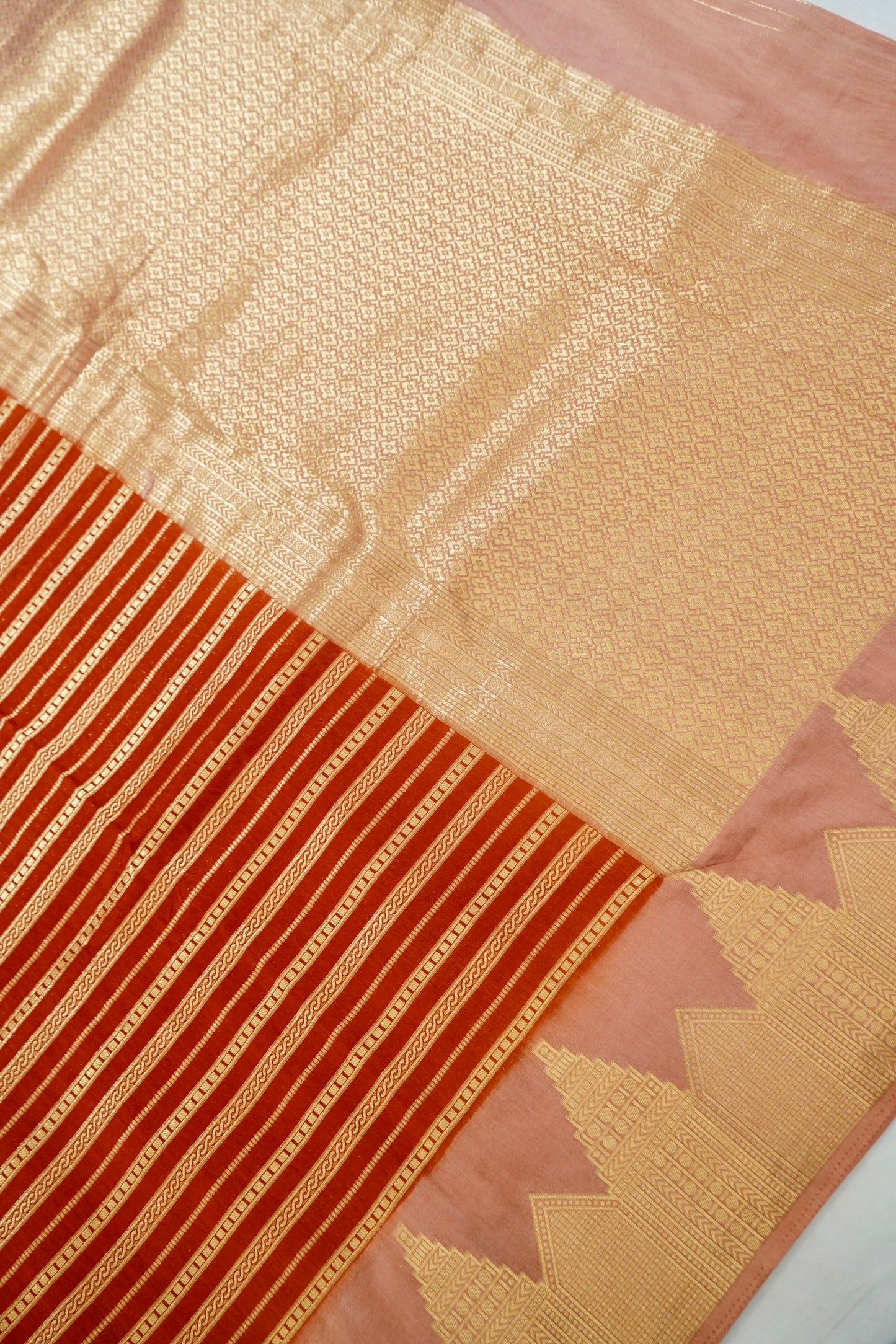 Orange Banarasi Silk Saree with Gold Zari Temple Weave & Peach Border