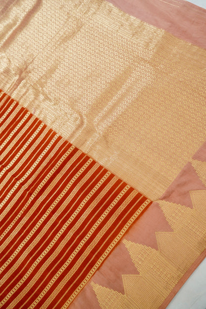Orange Banarasi Silk Saree with Gold Zari Temple Weave & Peach Border