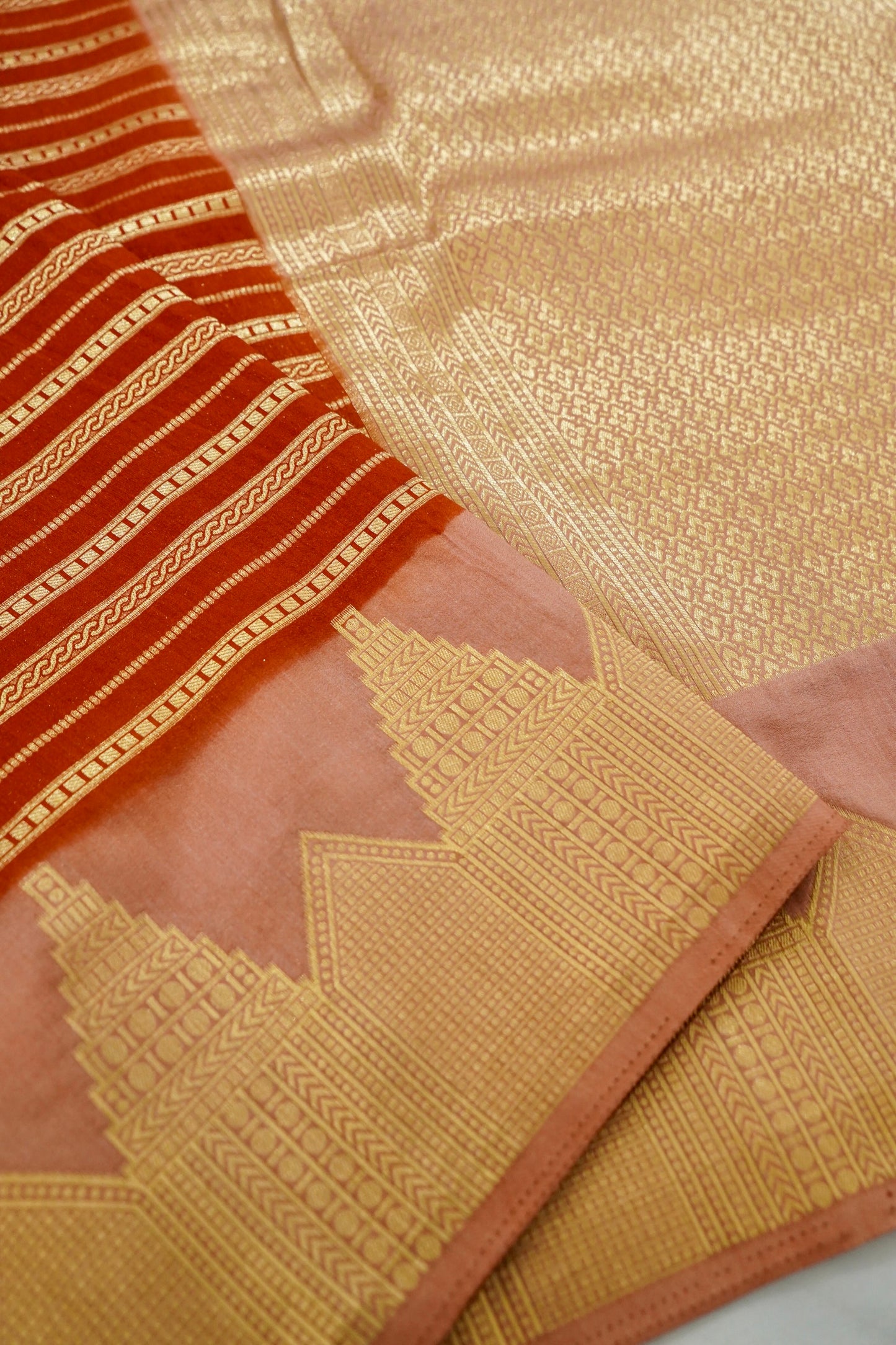 Orange Banarasi Silk Saree with Gold Zari Temple Weave & Peach Border