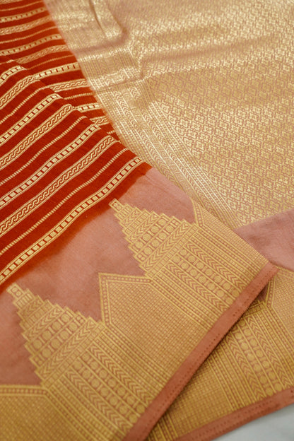 Orange Banarasi Silk Saree with Gold Zari Temple Weave & Peach Border