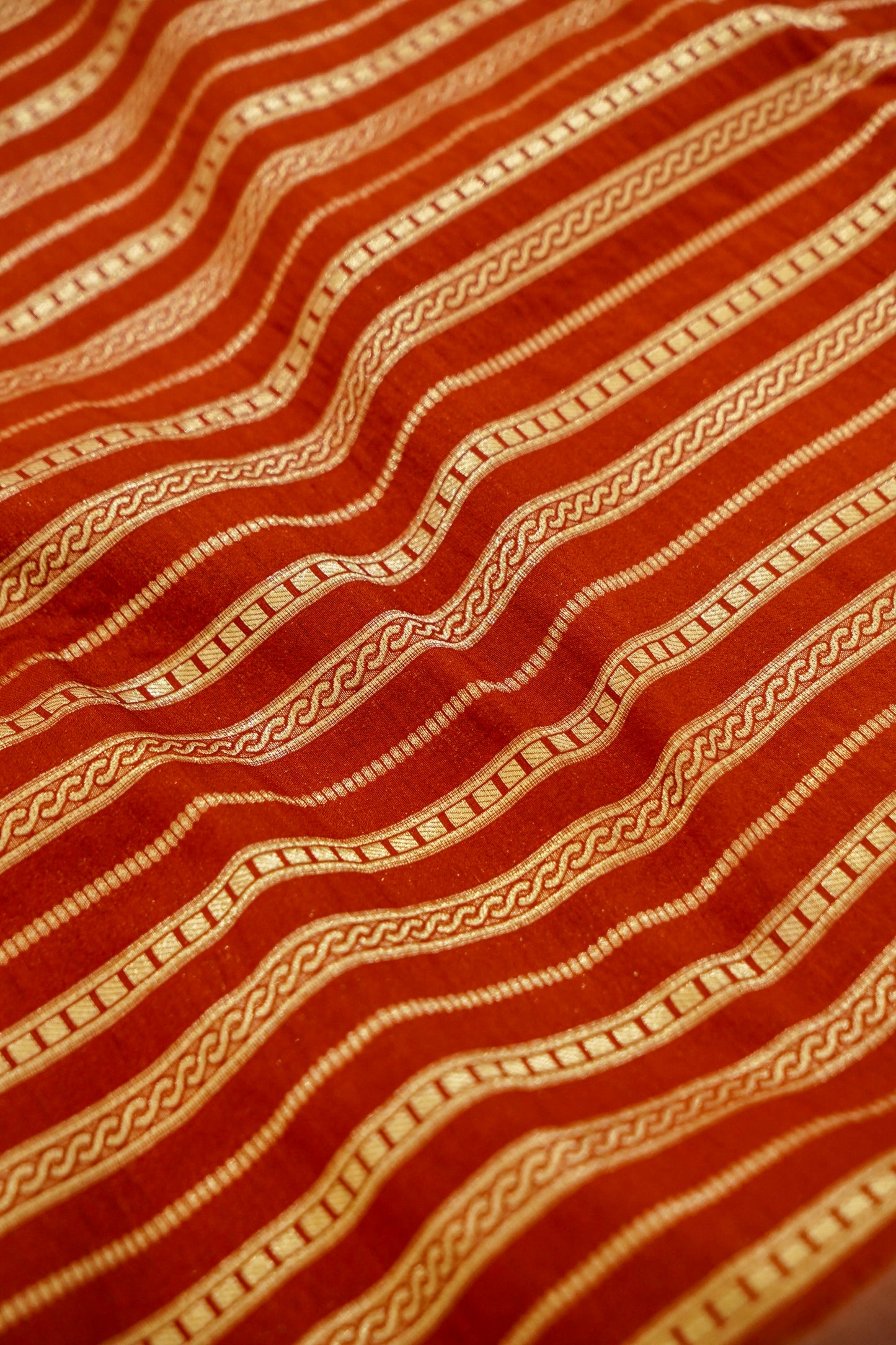 Orange Banarasi Silk Saree with Gold Zari Temple Weave & Peach Border