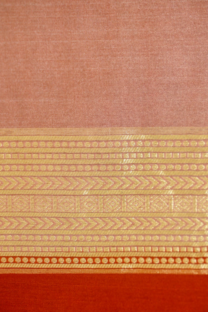 Orange Banarasi Silk Saree with Gold Zari Temple Weave & Peach Border
