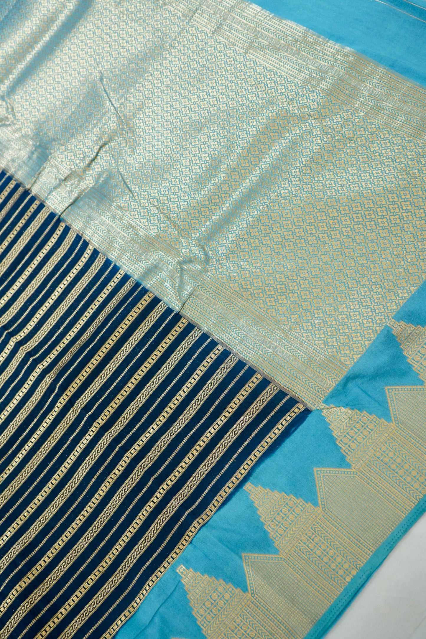 Navy Blue Banarasi Silk Saree with Gold Zari Temple Weave & Sky Blue Border
