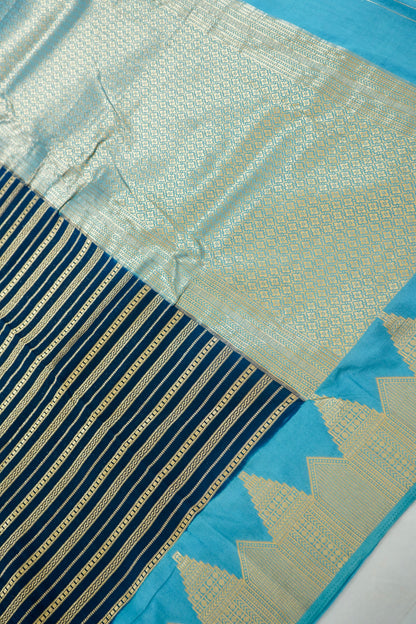 Navy Blue Banarasi Silk Saree with Gold Zari Temple Weave & Sky Blue Border