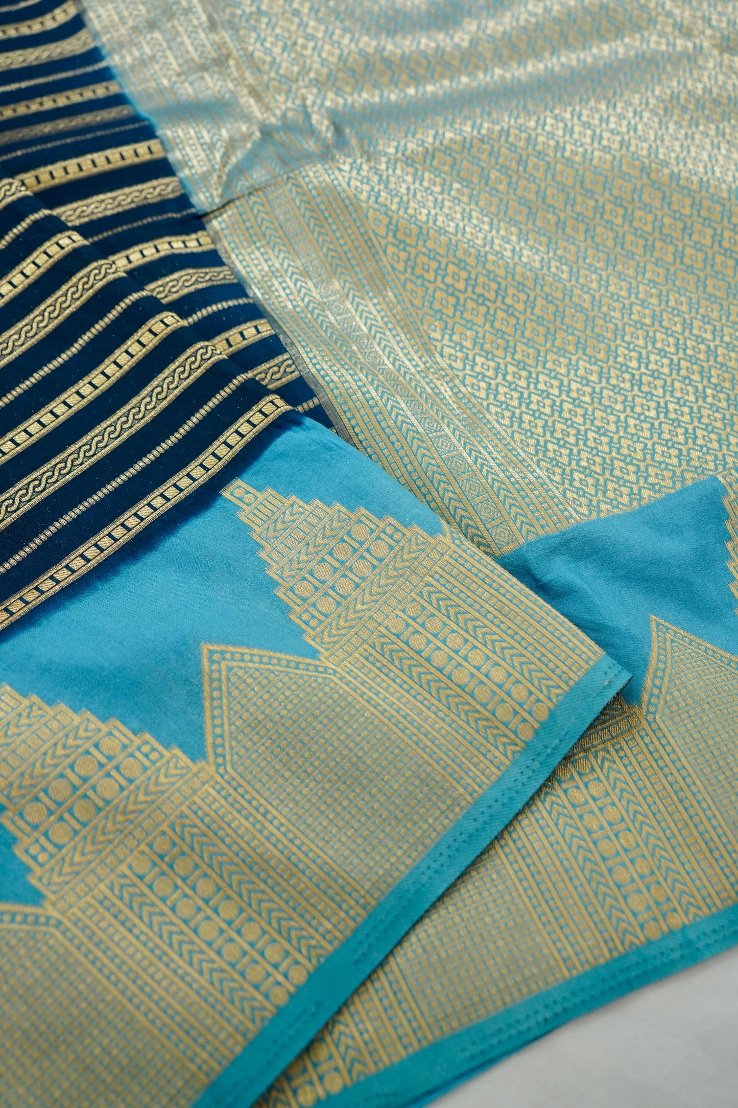 Navy Blue Banarasi Silk Saree with Gold Zari Temple Weave & Sky Blue Border