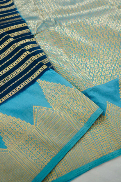 Navy Blue Banarasi Silk Saree with Gold Zari Temple Weave & Sky Blue Border
