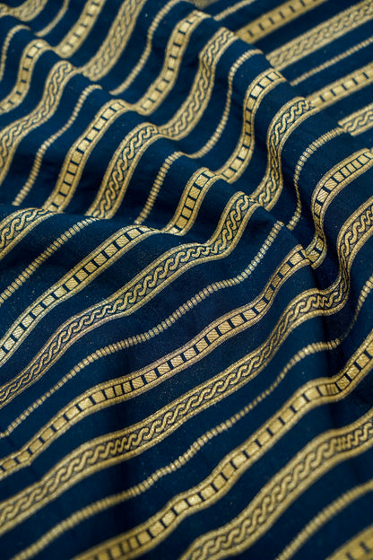 Navy Blue Banarasi Silk Saree with Gold Zari Temple Weave & Sky Blue Border