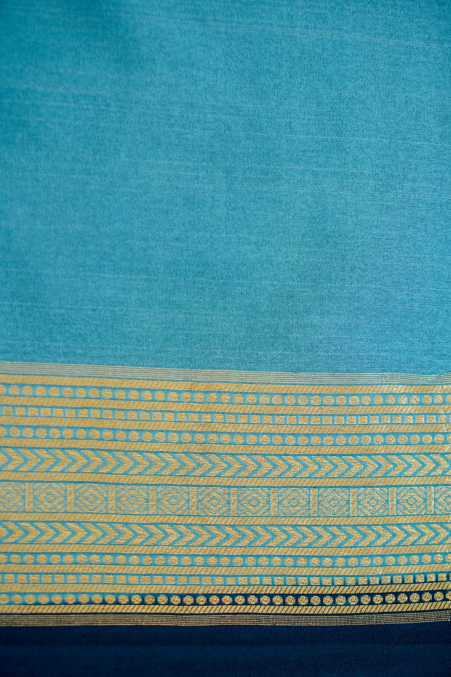 Navy Blue Banarasi Silk Saree with Gold Zari Temple Weave & Sky Blue Border