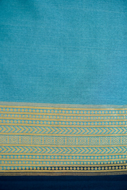 Navy Blue Banarasi Silk Saree with Gold Zari Temple Weave & Sky Blue Border