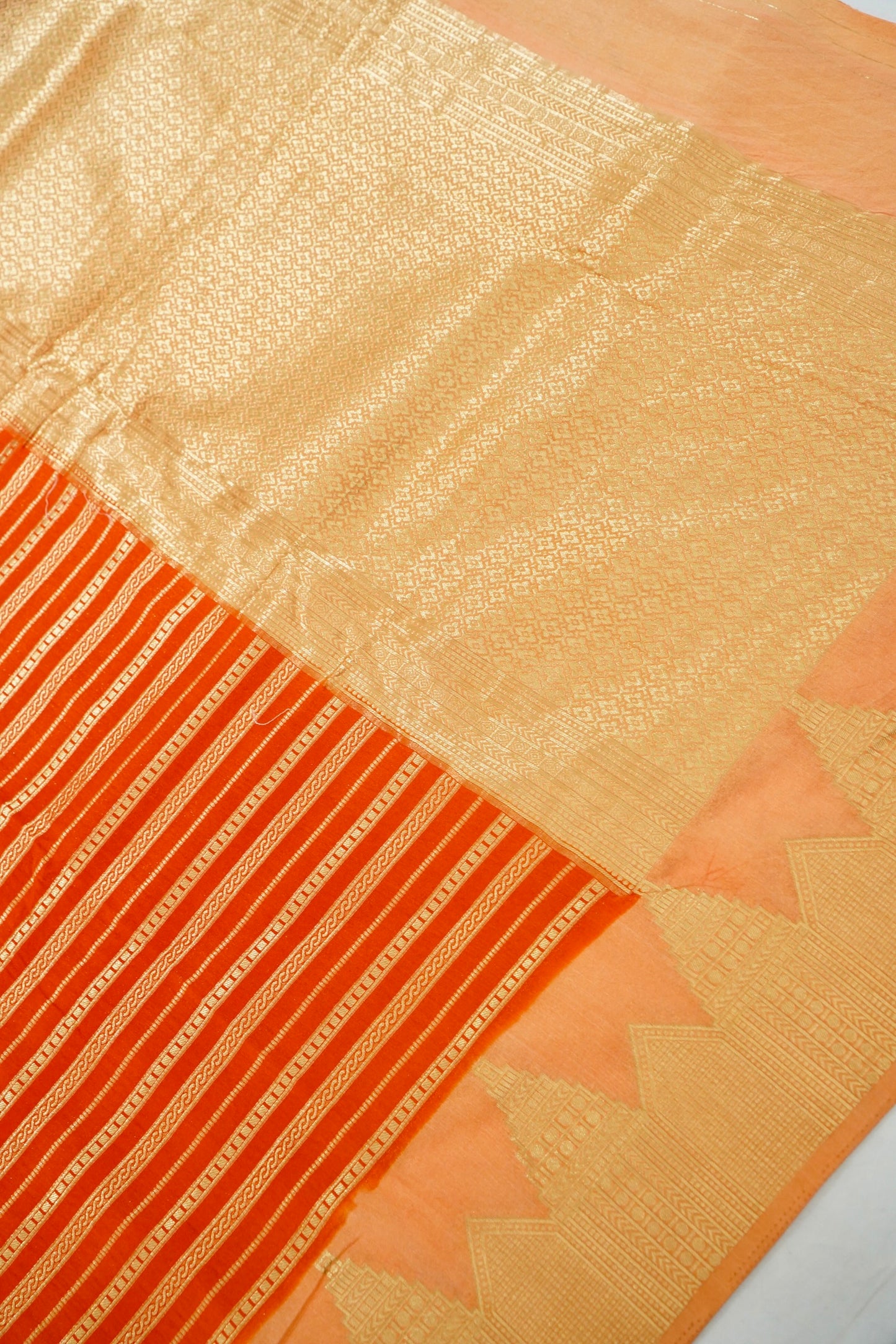 Orange Banarasi Silk Saree with Gold Zari Temple Weave & Peach Border