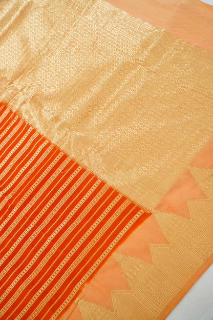 Orange Banarasi Silk Saree with Gold Zari Temple Weave & Peach Border