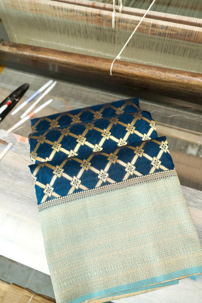 Royal Blue Banarasi Silk Saree with Allover Jangla Weave