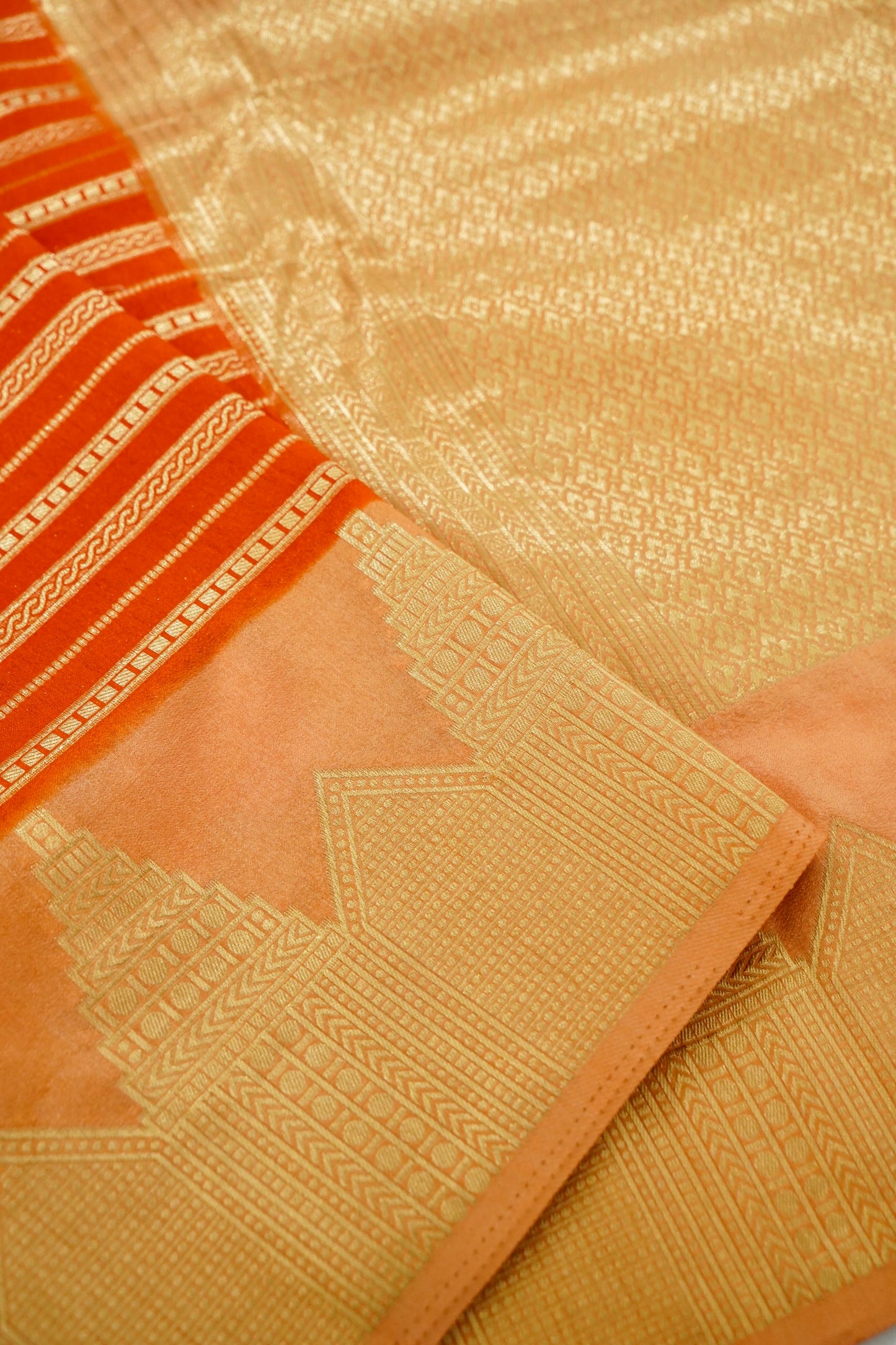 Orange Banarasi Silk Saree with Gold Zari Temple Weave & Peach Border