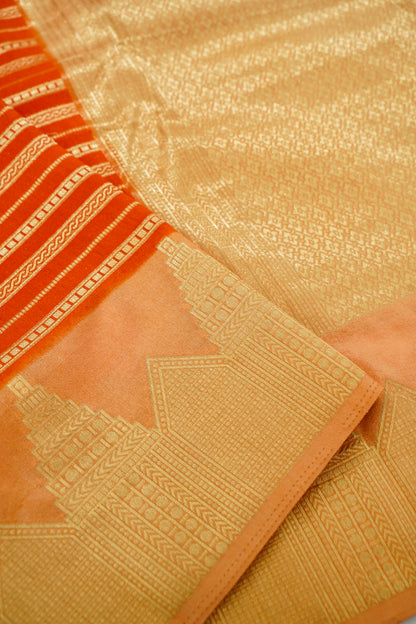 Orange Banarasi Silk Saree with Gold Zari Temple Weave & Peach Border