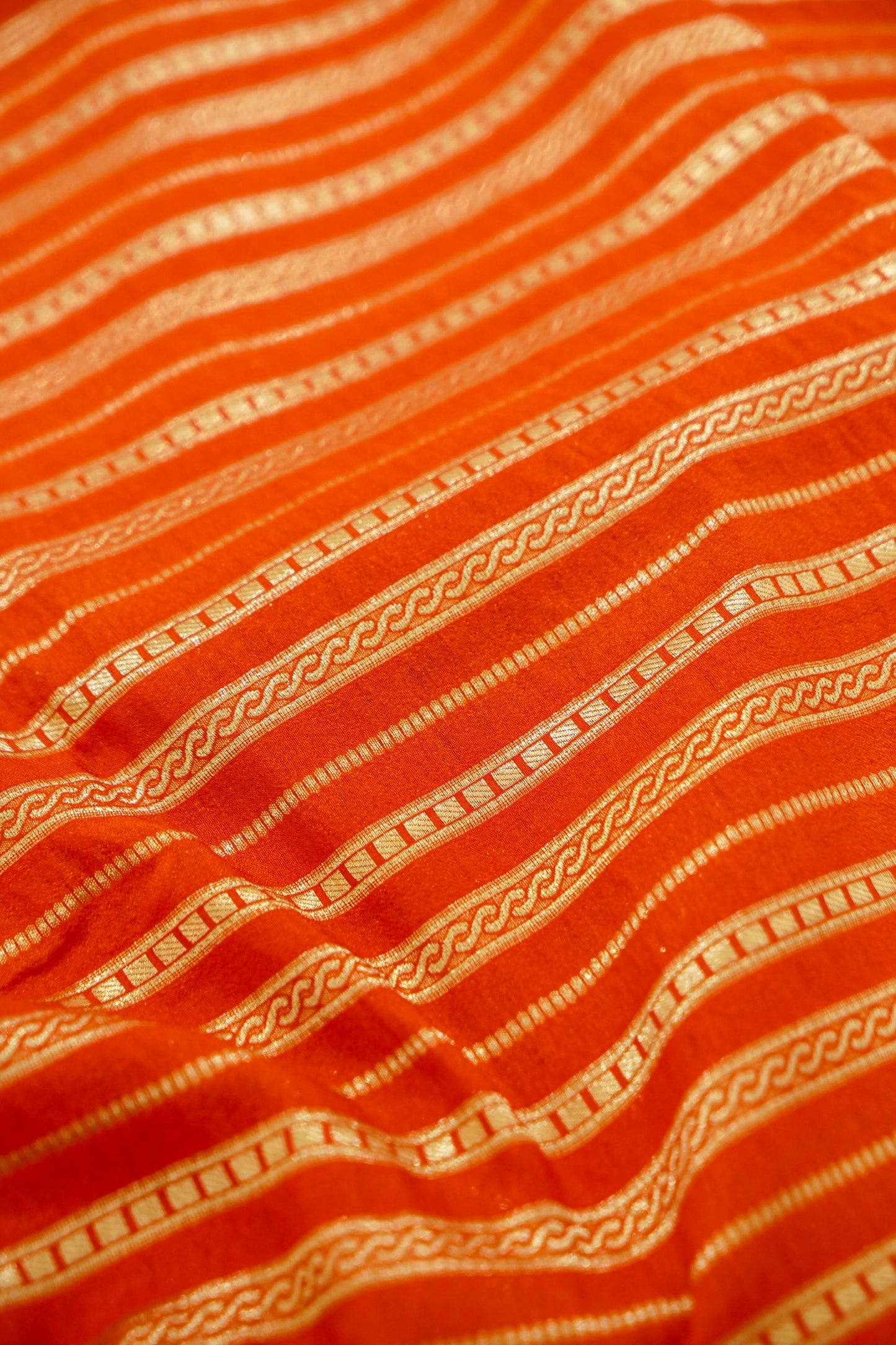 Orange Banarasi Silk Saree with Gold Zari Temple Weave & Peach Border