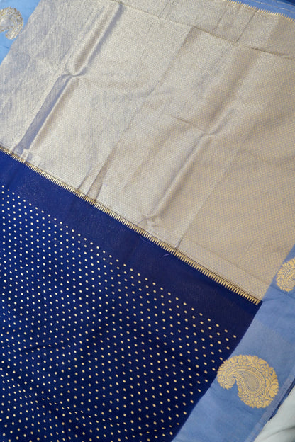 Royal Blue Banarasi Silk Saree with Gold Zari Buti Weave & Lavender Blue Border