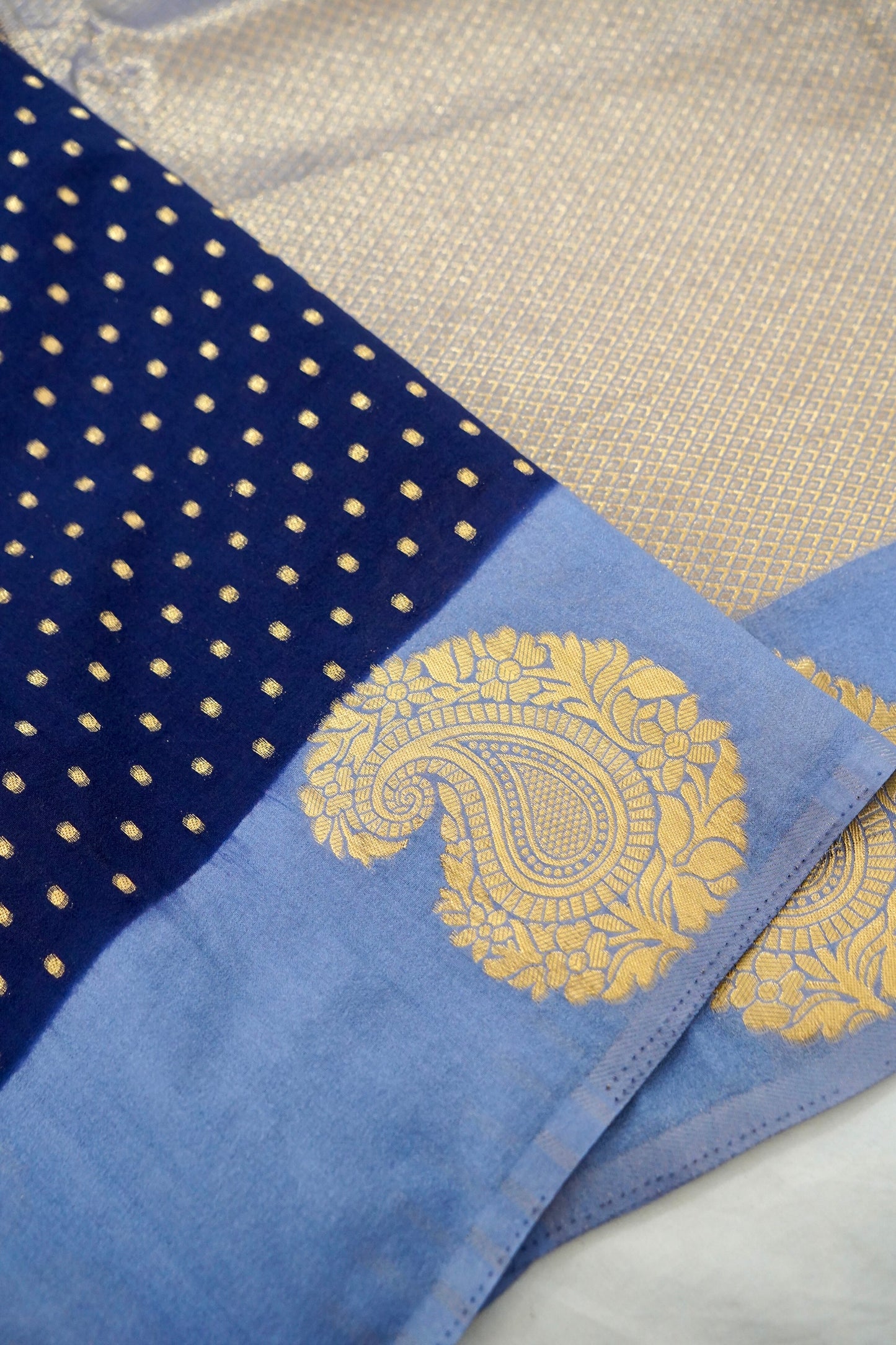 Royal Blue Banarasi Silk Saree with Gold Zari Buti Weave & Lavender Blue Border