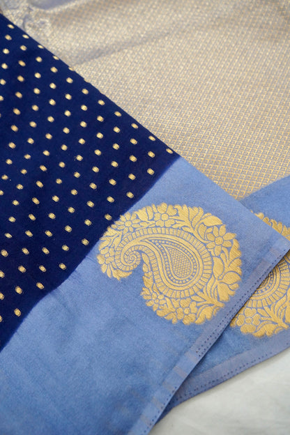 Royal Blue Banarasi Silk Saree with Gold Zari Buti Weave & Lavender Blue Border