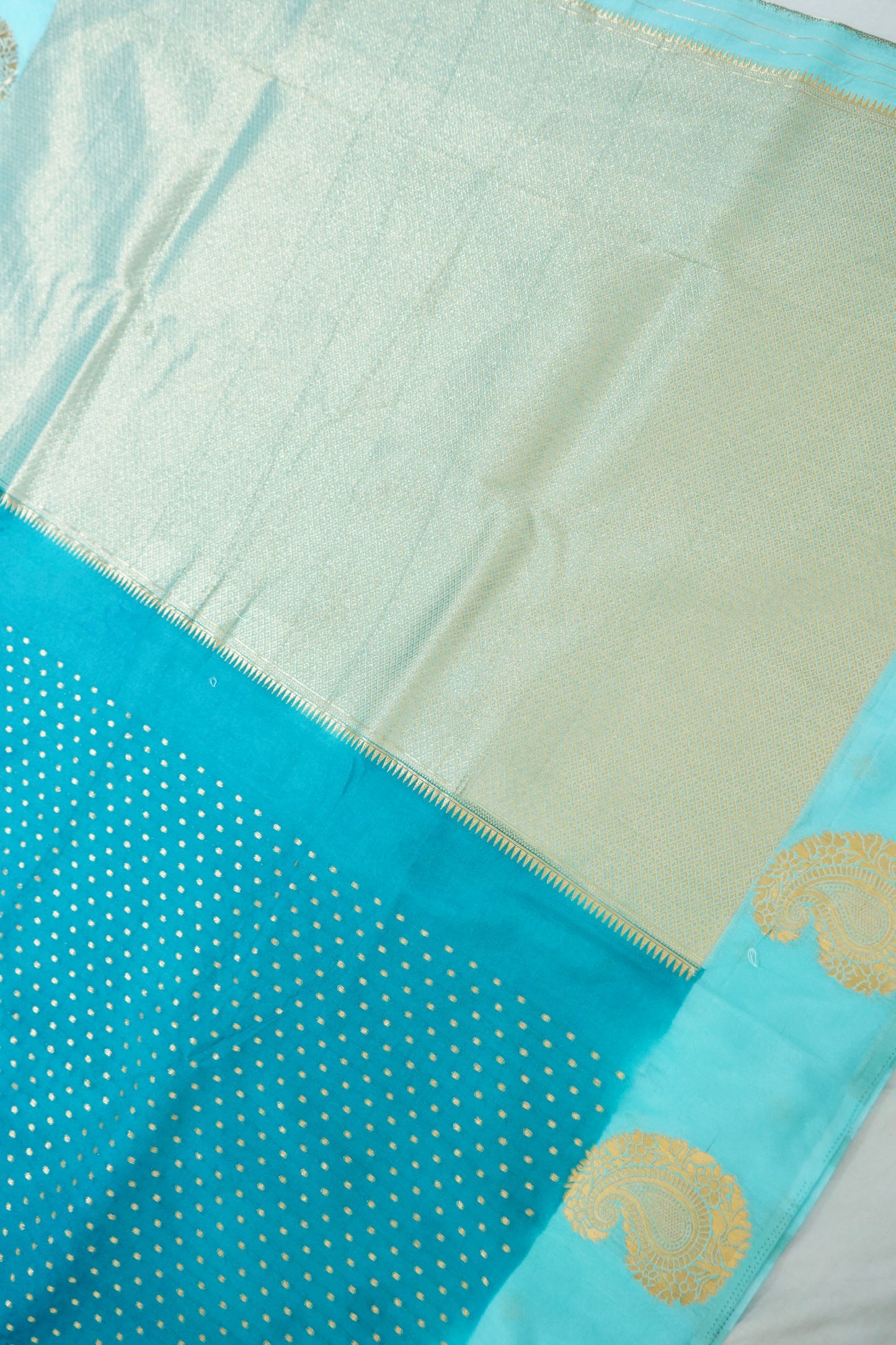Turquoise Blue Banarasi Silk Saree with Gold Zari Buti Weave & Aqua Blue Border