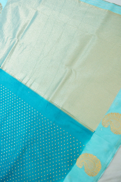 Turquoise Blue Banarasi Silk Saree with Gold Zari Buti Weave & Aqua Blue Border
