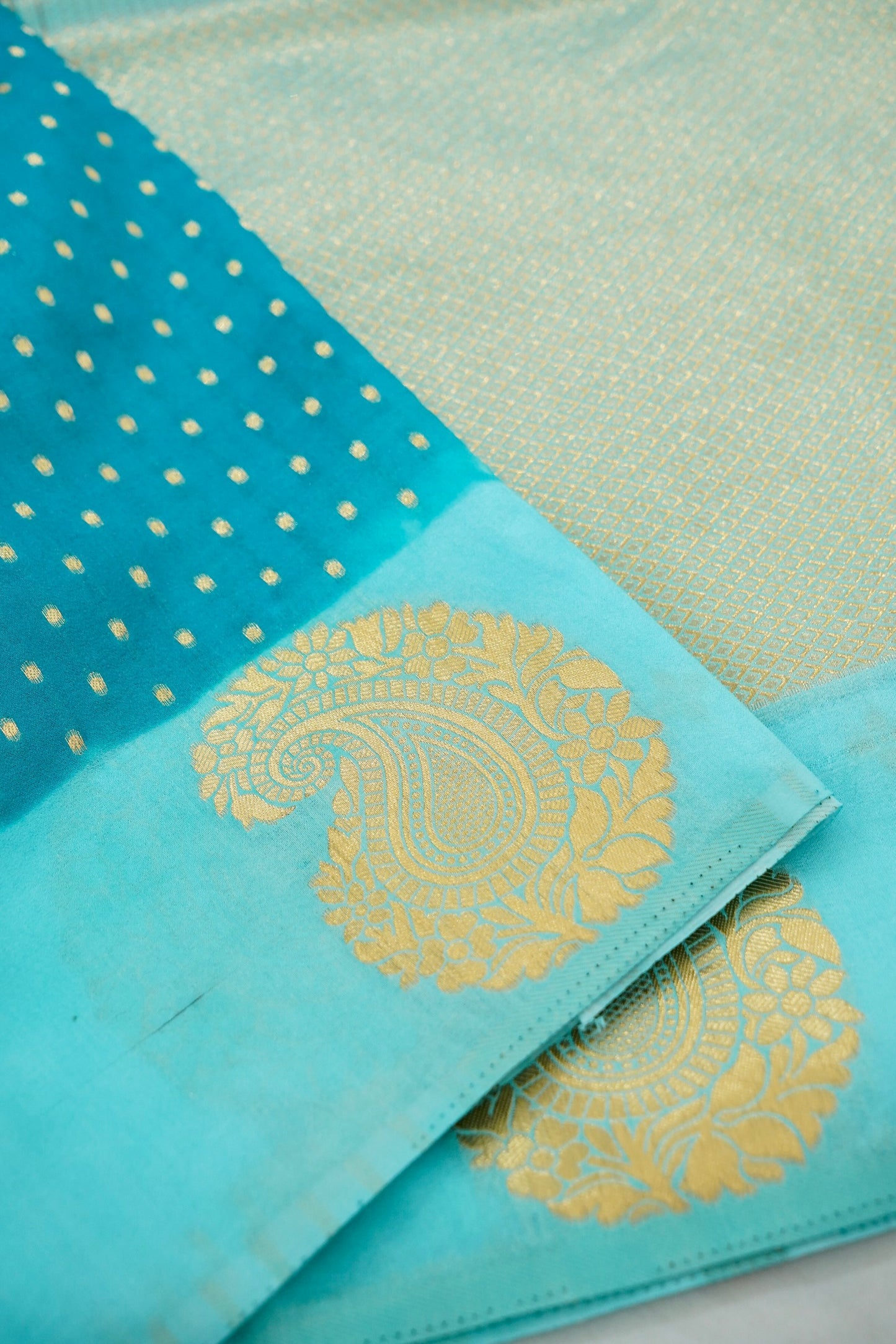 Turquoise Blue Banarasi Silk Saree with Gold Zari Buti Weave & Aqua Blue Border