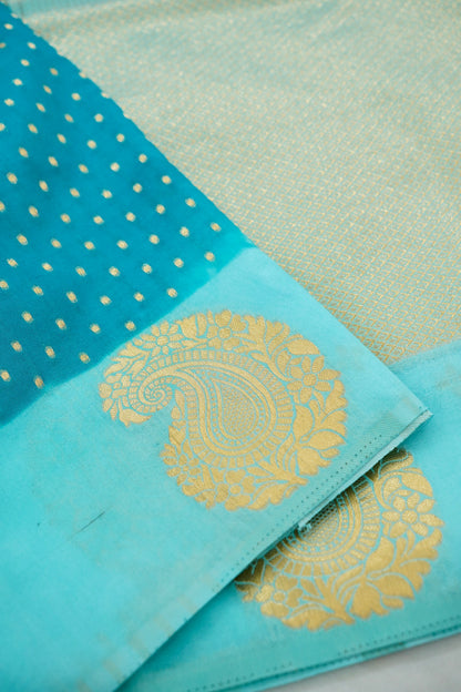 Turquoise Blue Banarasi Silk Saree with Gold Zari Buti Weave & Aqua Blue Border