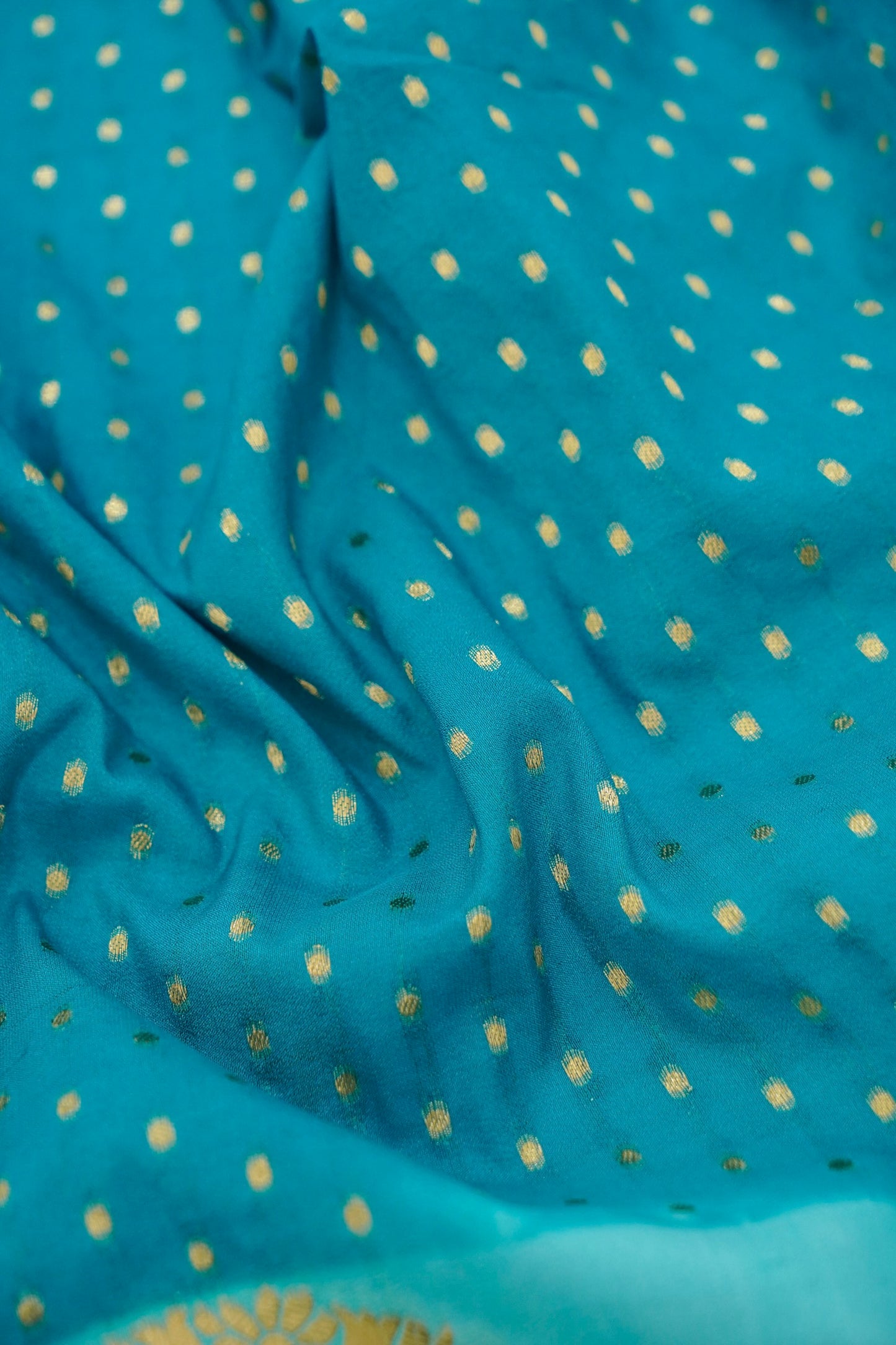 Turquoise Blue Banarasi Silk Saree with Gold Zari Buti Weave & Aqua Blue Border