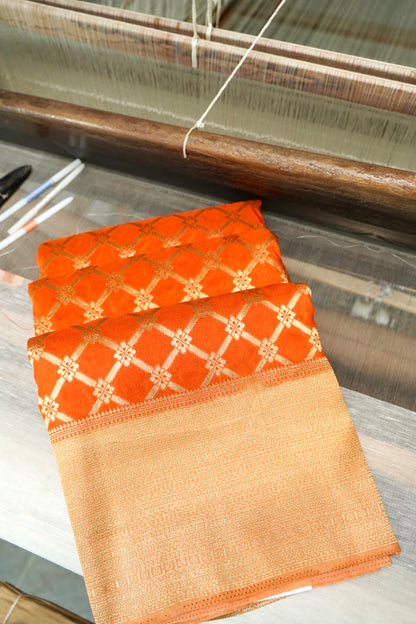 Orange Banarasi Silk Saree with Allover Jangla Weave