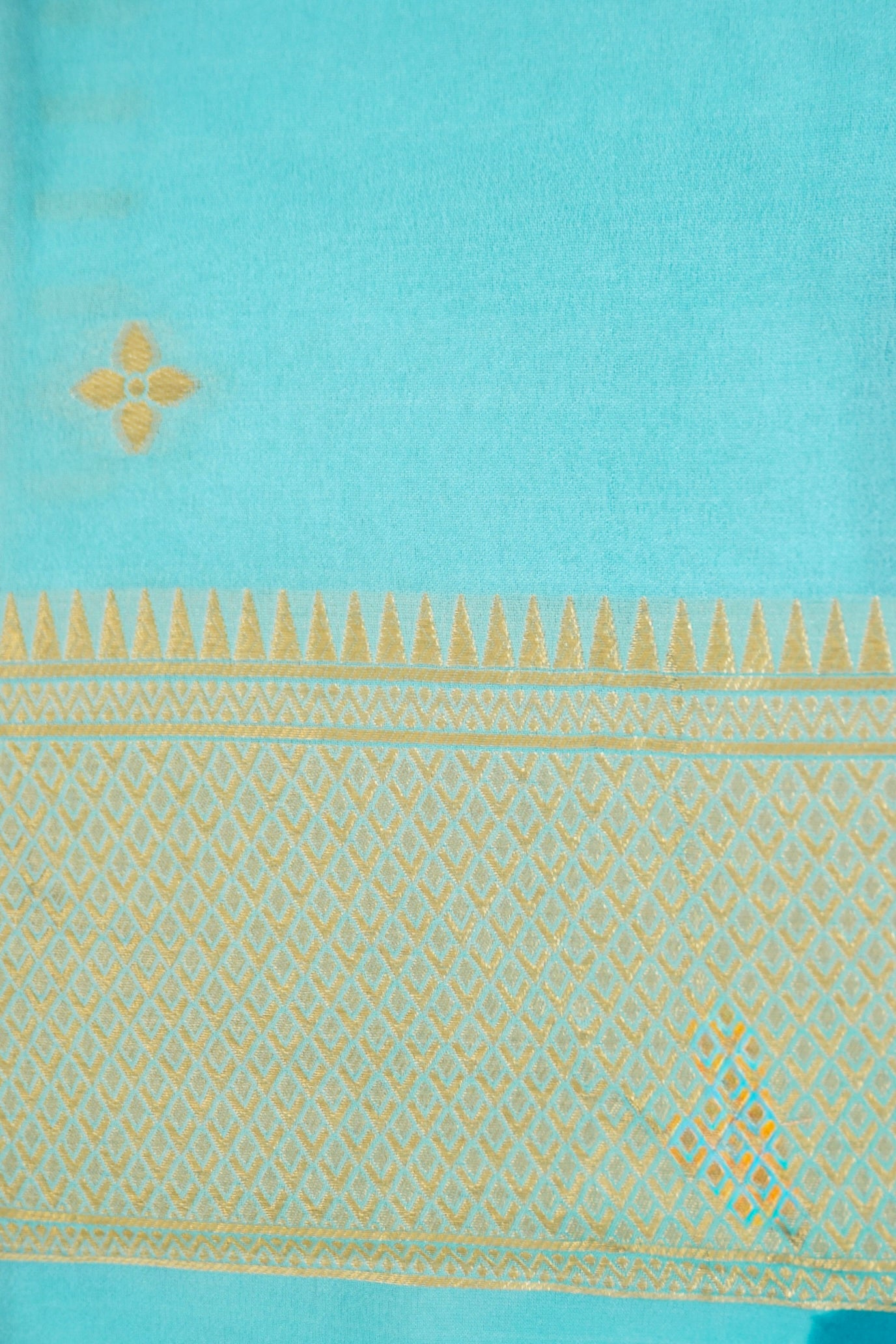 Turquoise Blue Banarasi Silk Saree with Gold Zari Buti Weave & Aqua Blue Border