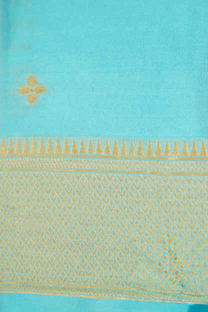 Turquoise Blue Banarasi Silk Saree with Gold Zari Buti Weave & Aqua Blue Border
