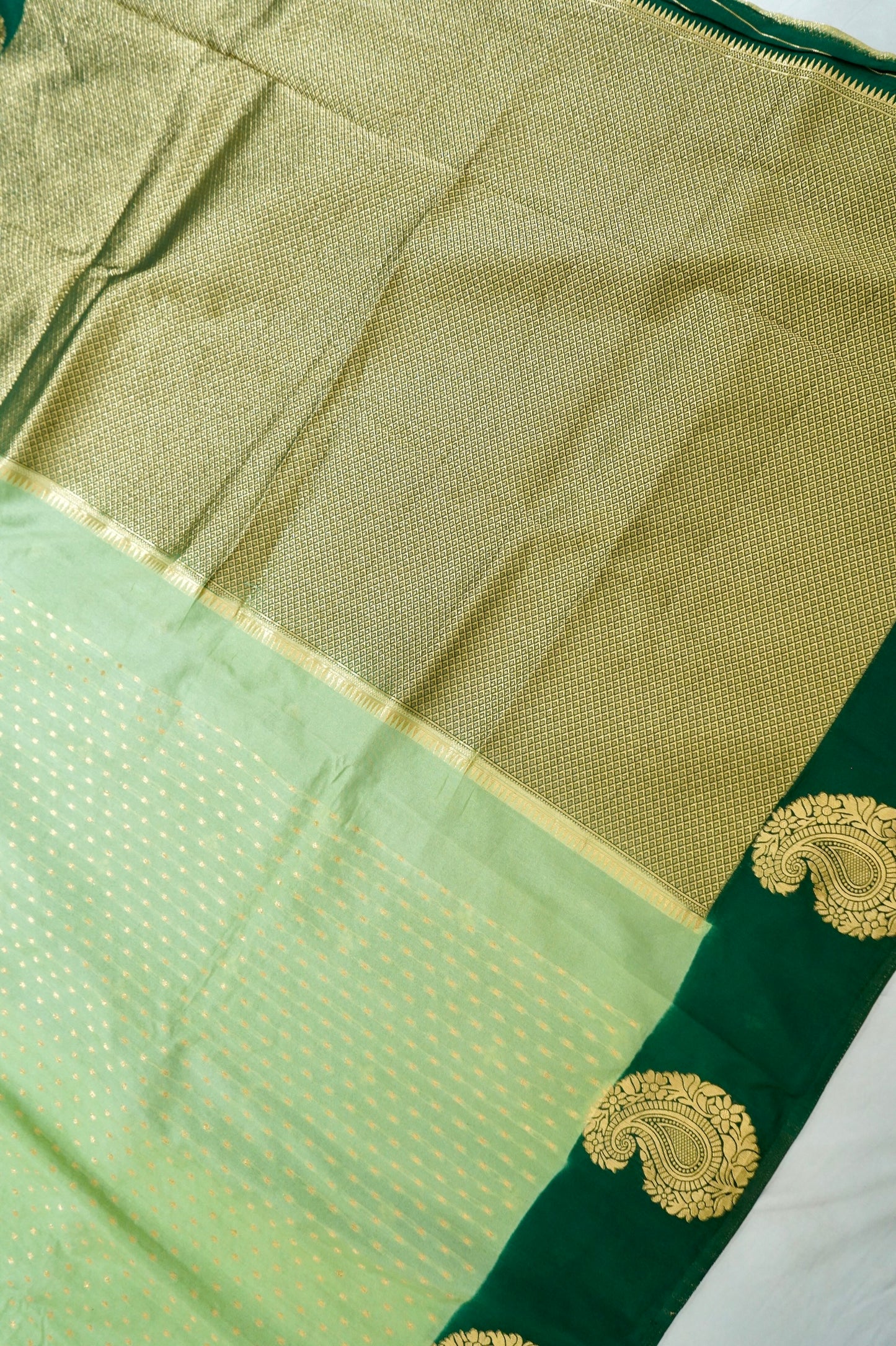 Lime Green Banarasi Silk Saree with Gold Zari Buti Weave & Emerald Green Border