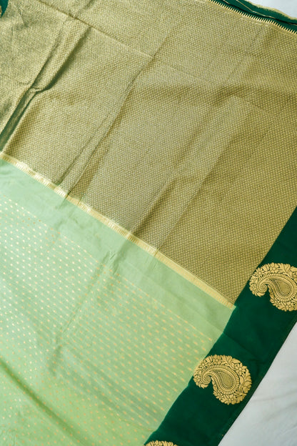 Lime Green Banarasi Silk Saree with Gold Zari Buti Weave & Emerald Green Border