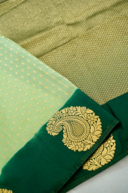 Lime Green Banarasi Silk Saree with Gold Zari Buti Weave & Emerald Green Border