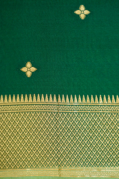 Lime Green Banarasi Silk Saree with Gold Zari Buti Weave & Emerald Green Border
