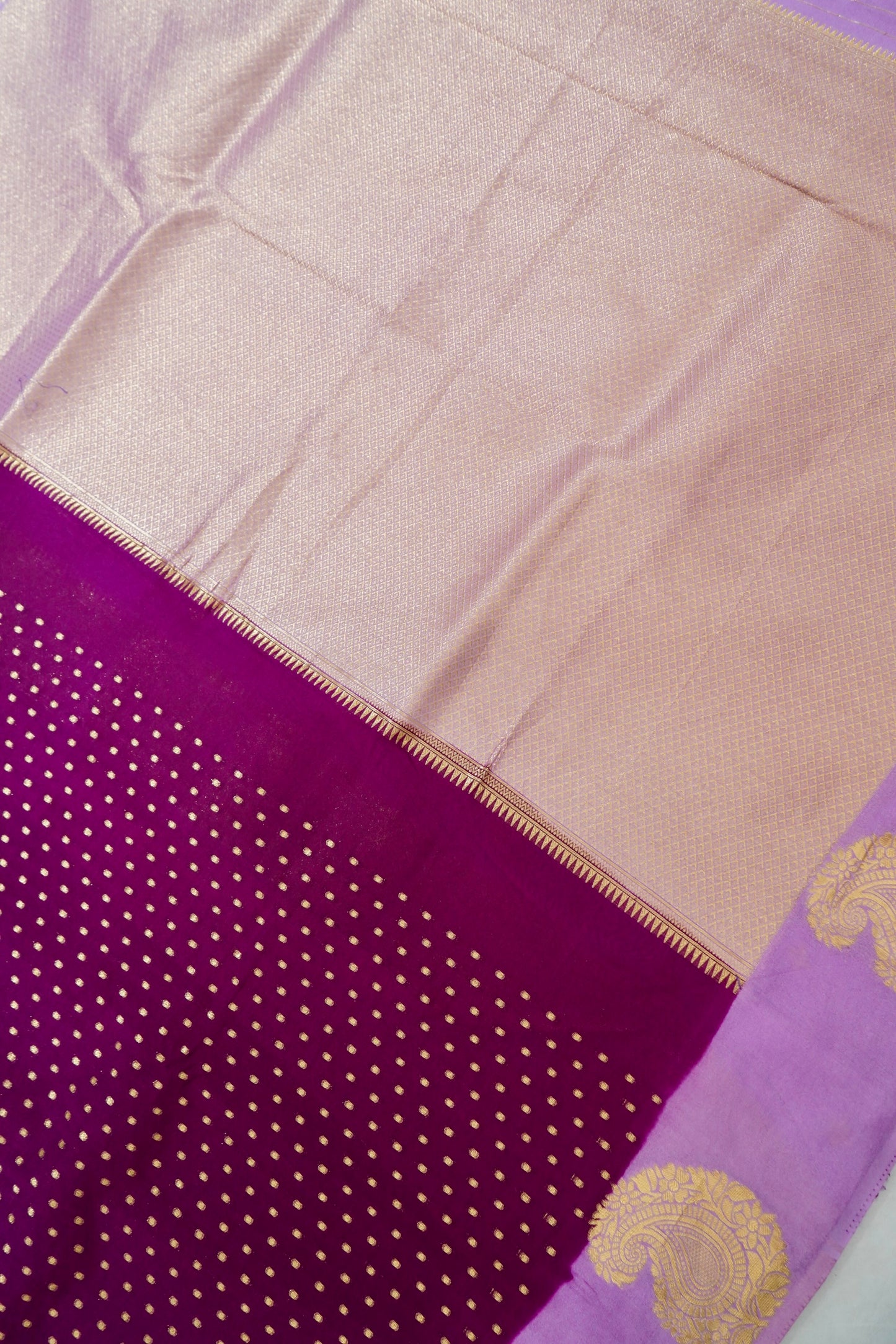 Magenta Banarasi Silk Saree with Gold Zari Buti Weave & Lavender Border