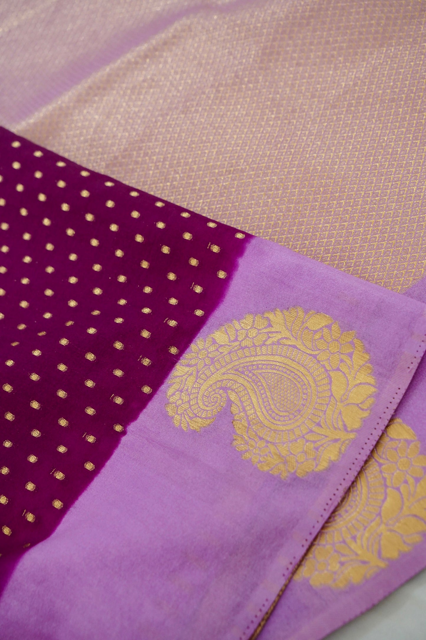 Magenta Banarasi Silk Saree with Gold Zari Buti Weave & Lavender Border