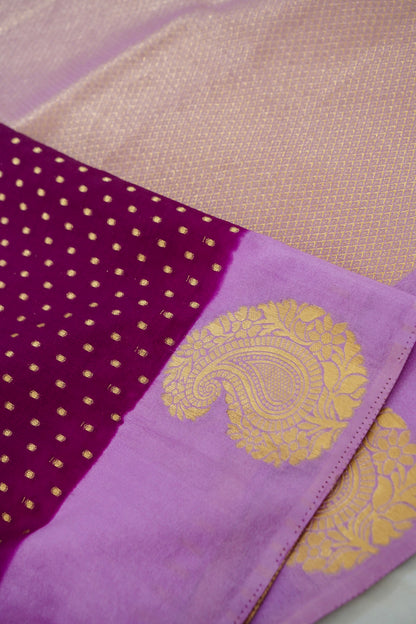 Magenta Banarasi Silk Saree with Gold Zari Buti Weave & Lavender Border
