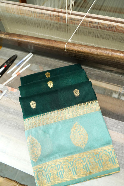 Bottle Green Banarasi Silk Saree with Allover Buti Work