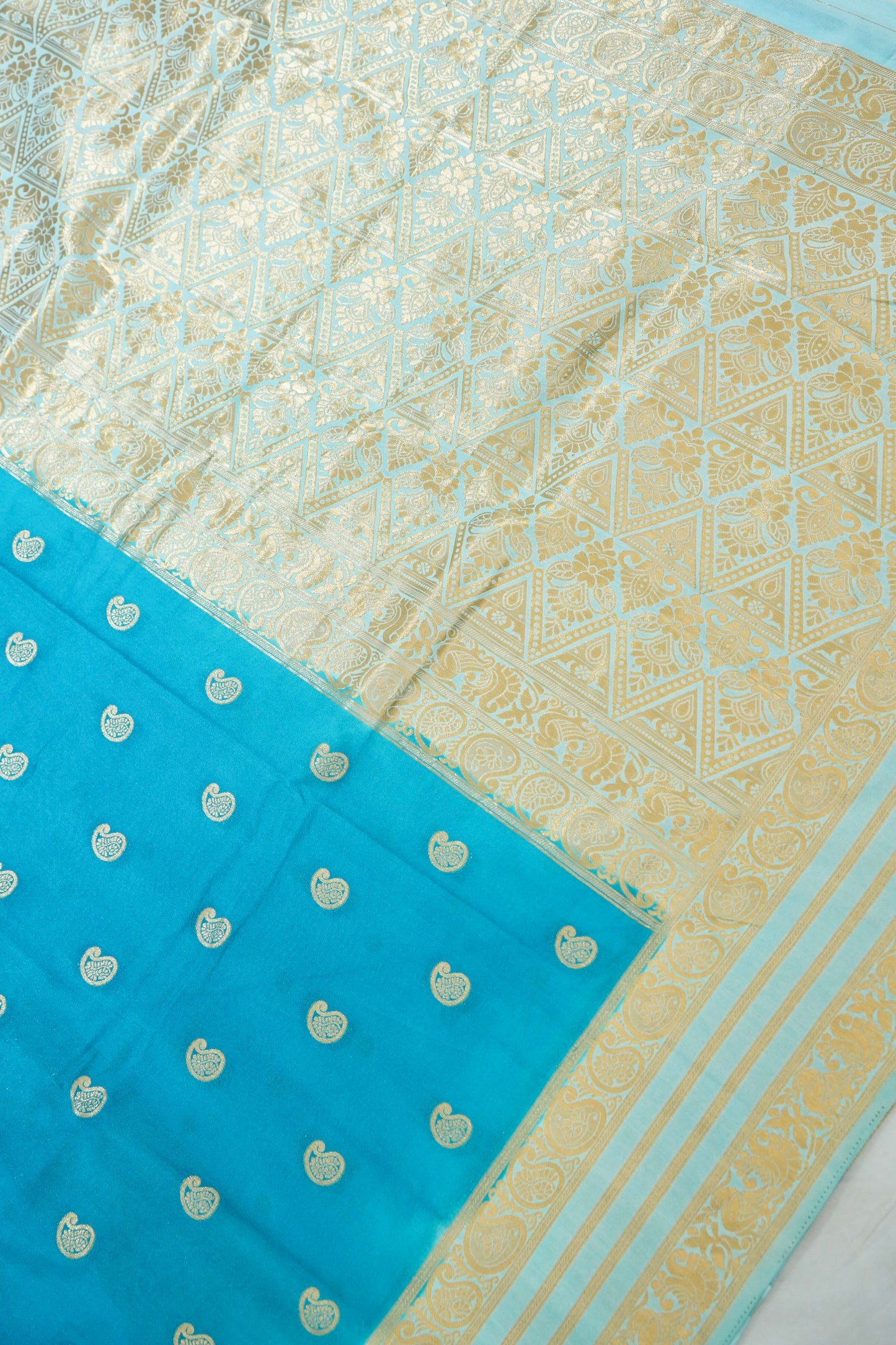 Turquoise Blue Banarasi Silk Saree with Gold Zari Buti Weave & Ivory Gold Border
