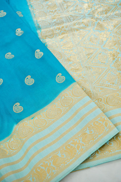 Turquoise Blue Banarasi Silk Saree with Gold Zari Buti Weave & Ivory Gold Border