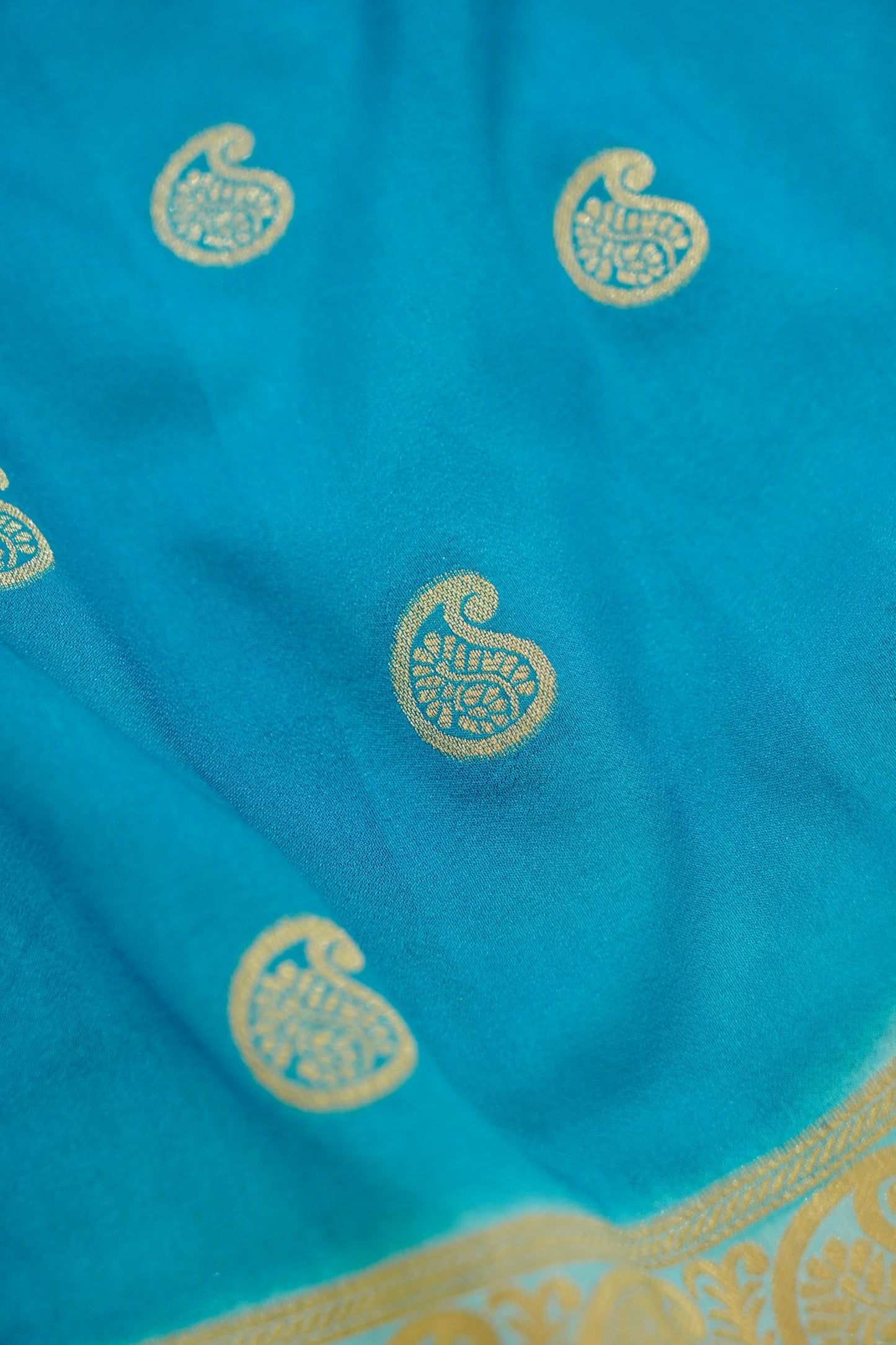 Turquoise Blue Banarasi Silk Saree with Gold Zari Buti Weave & Ivory Gold Border