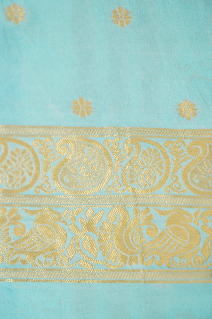 Turquoise Blue Banarasi Silk Saree with Gold Zari Buti Weave & Ivory Gold Border