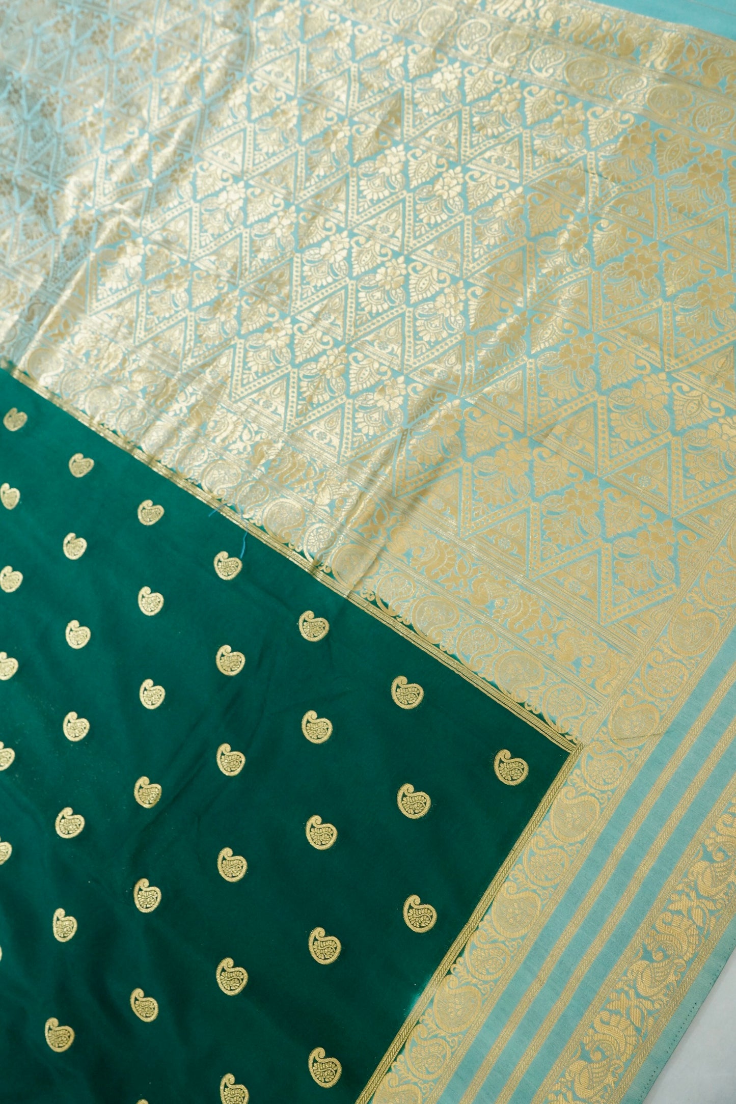 Bottle Green Banarasi Silk Saree with Gold Zari Buti Weave & Ivory Gold Border