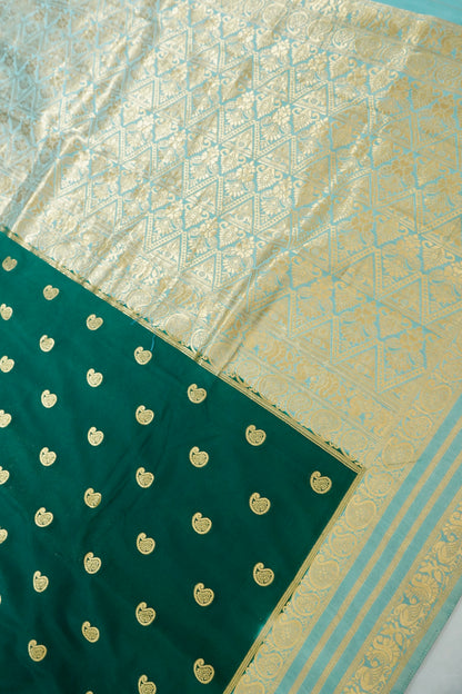 Bottle Green Banarasi Silk Saree with Gold Zari Buti Weave & Ivory Gold Border