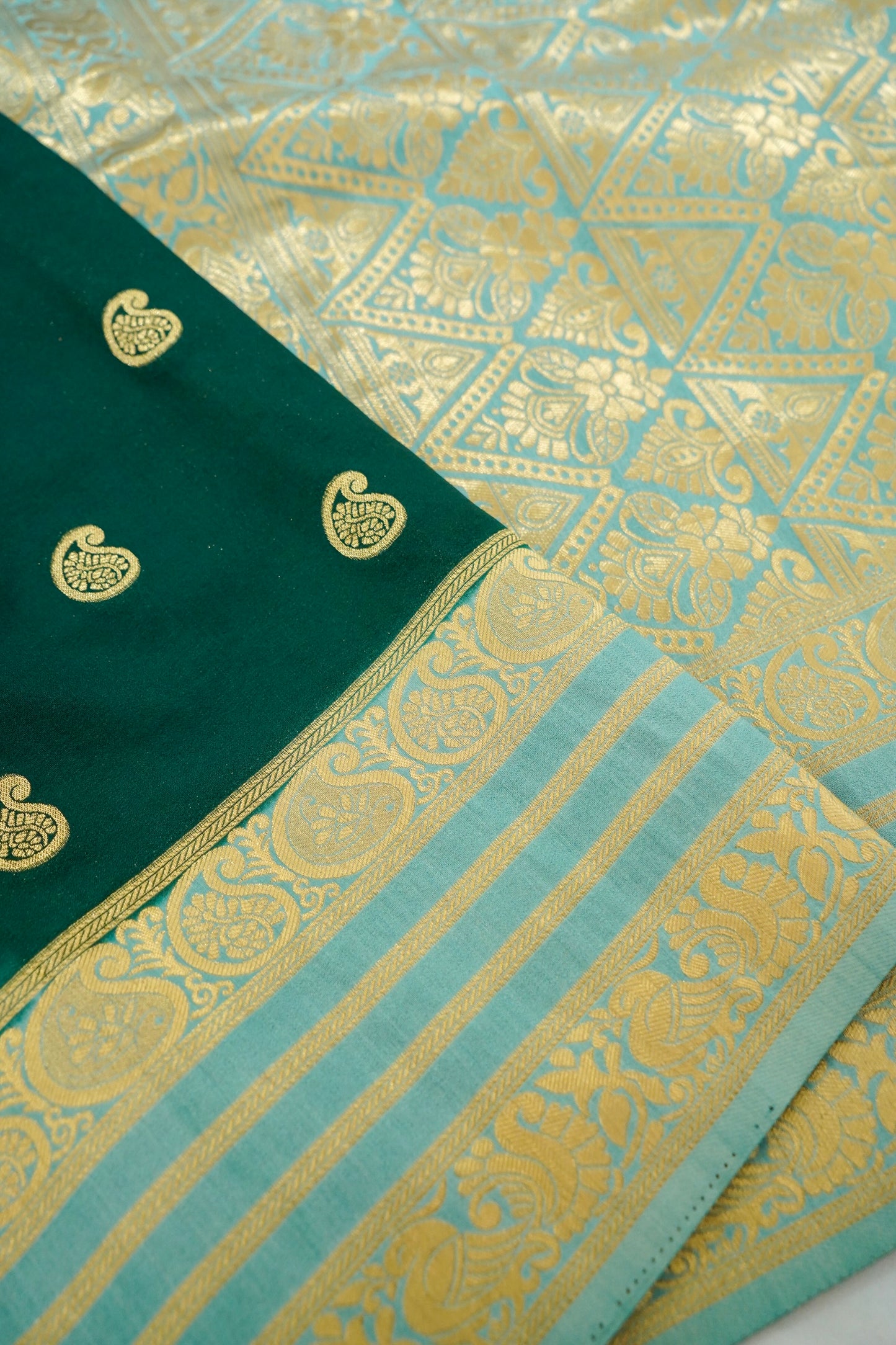 Bottle Green Banarasi Silk Saree with Gold Zari Buti Weave & Ivory Gold Border