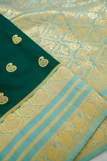 Bottle Green Banarasi Silk Saree with Gold Zari Buti Weave & Ivory Gold Border