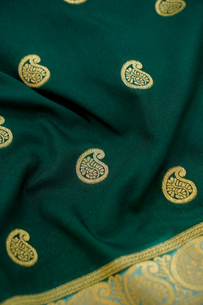 Bottle Green Banarasi Silk Saree with Gold Zari Buti Weave & Ivory Gold Border