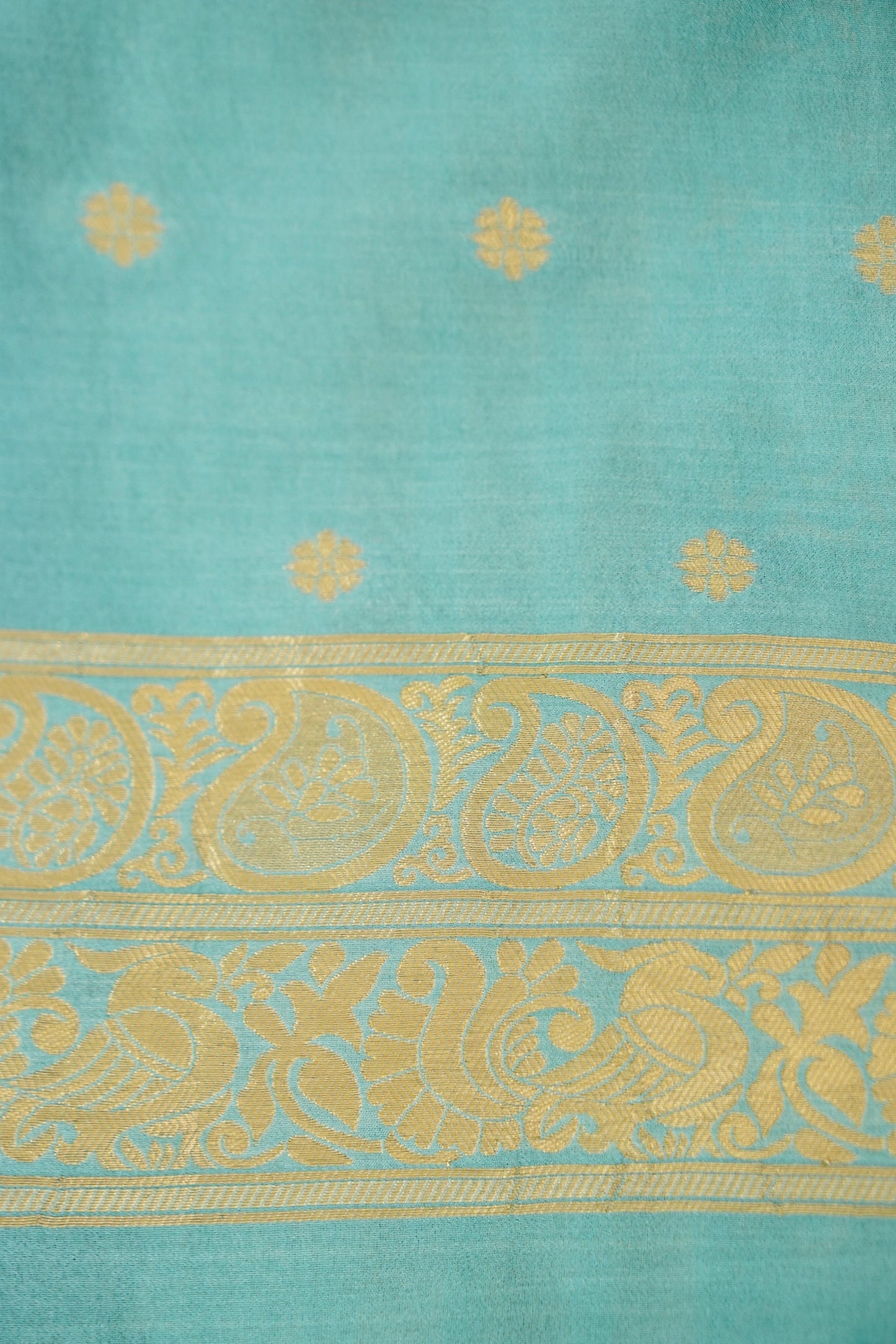 Bottle Green Banarasi Silk Saree with Gold Zari Buti Weave & Ivory Gold Border