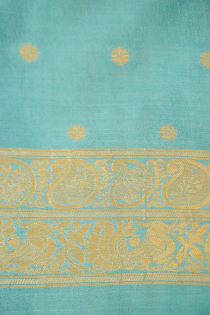 Bottle Green Banarasi Silk Saree with Gold Zari Buti Weave & Ivory Gold Border